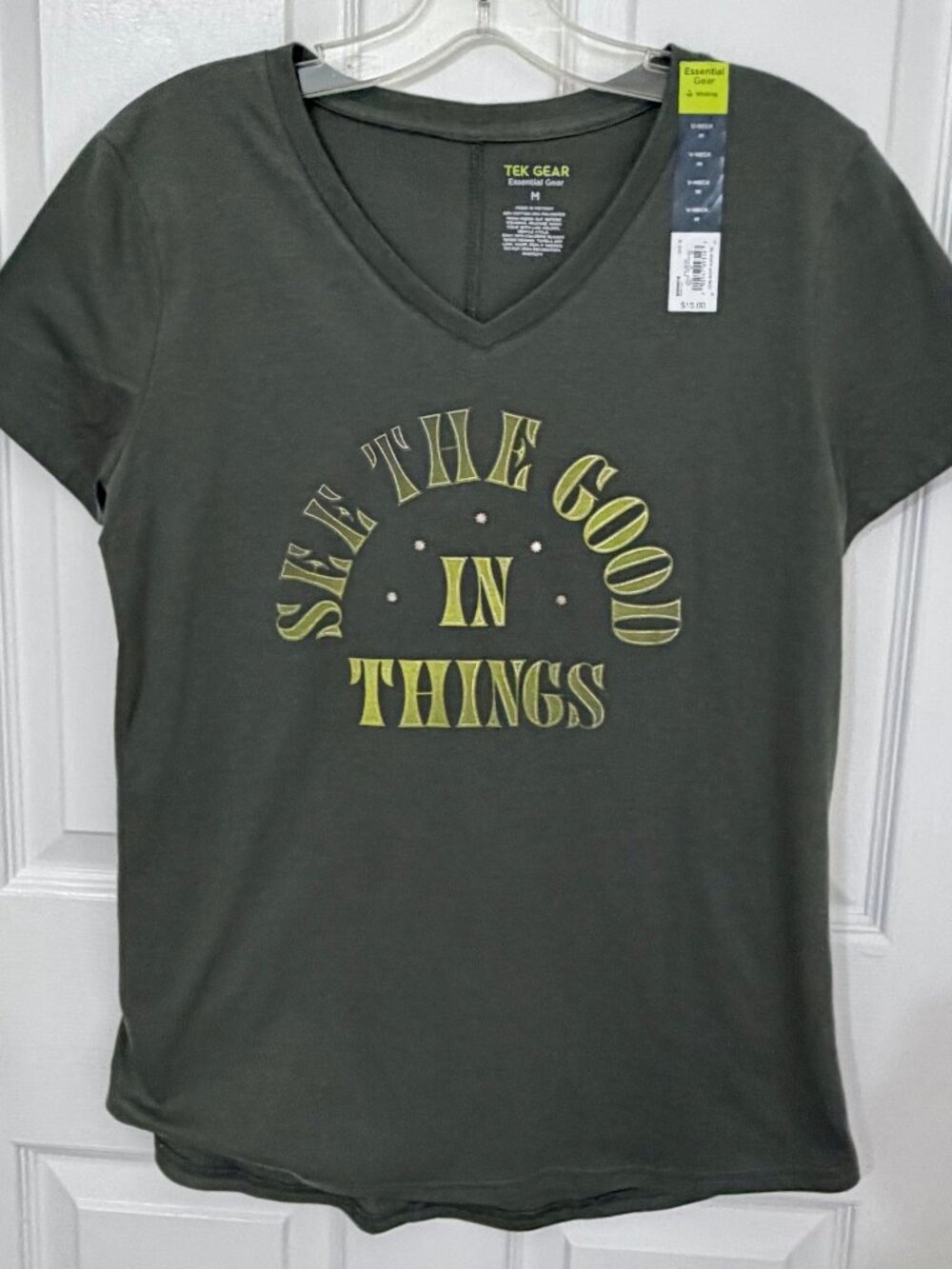 BRAND NEW TEK GEAR SEE THE GOOD IN THINGS GREEN/GOLD SS SHIRT TOP - SIZE MEDIUM